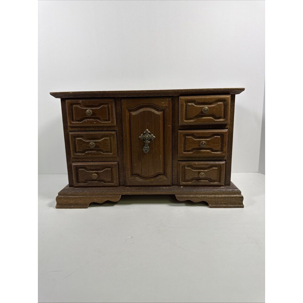 Vintage Wooden Jewelry Box 1 Door 7 Drawers Yellow Velvet Felt Chest -Japan 🇯🇵